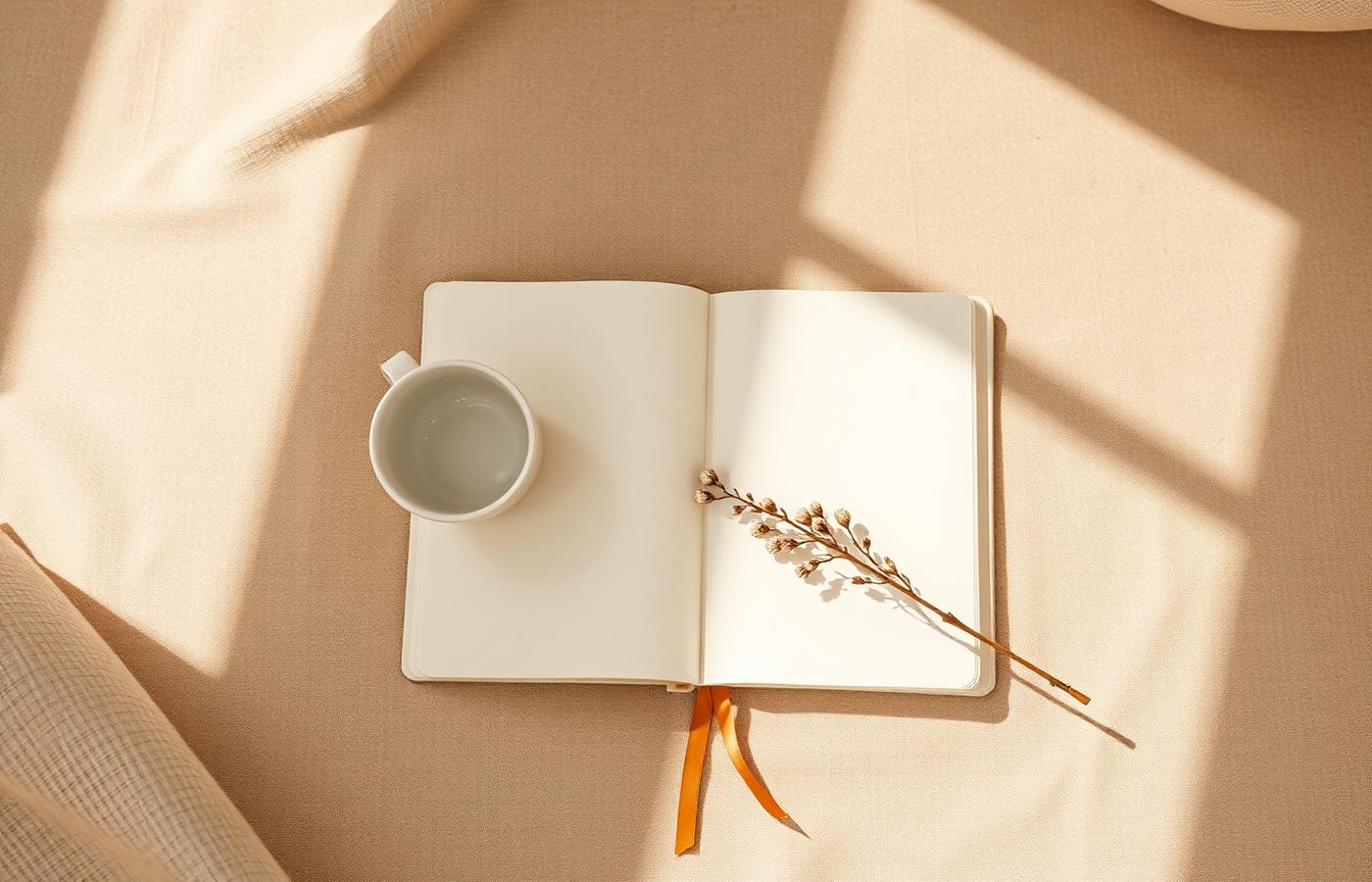 An open notebook and dried flowers in soft natural light